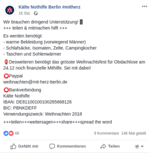 Bild Facebookpost Kälte Nothile