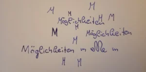Ein weißes Blatt mit vielen geschriebenen "M" und mehrfach dem Wort "Möglichkeit"