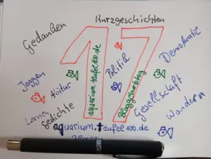17 Jahre Bloggeburtstag. Auf Dem Bild ist eine 17 zu sehen und drumherum ein paar Themen, um die es im Blog ging. Und ein Füller.